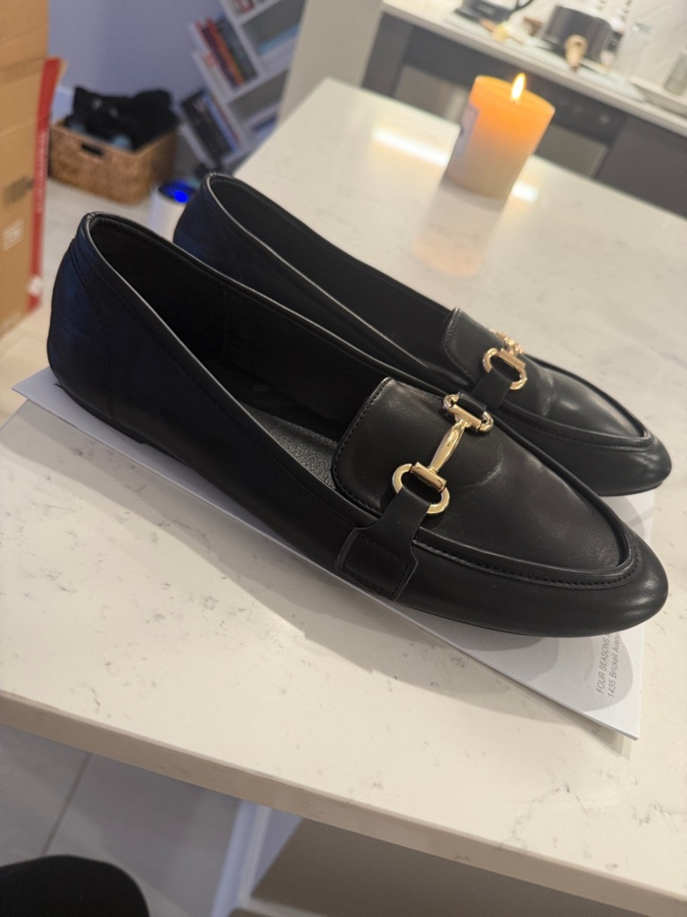 Black Leather Women's Loafers with Gold Bit Accent